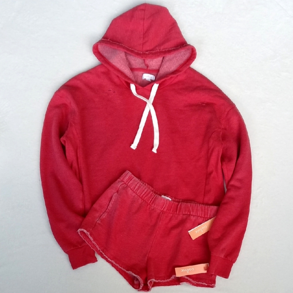 Colsie Red Hoodie Fleece Sweatshirt (L) & Casual Leisure Fleece Shorts (XS) Set
